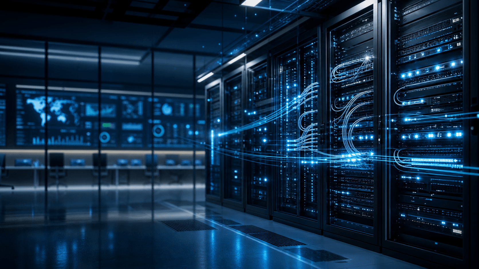 Enterprise data center, network infrastructure, and cybersecurity dashboard